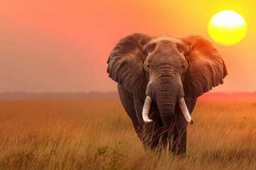 Fototapeta premium Silhouette of African elephant against the backdrop of the sunset in the Serengeti National Park. Africa. Wildlife of Tanzania.