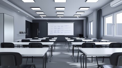 Minimalist classroom featuring simple white desks and dark chairs with a digital whiteboard