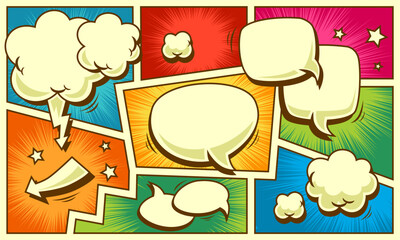 Colorful panel comic with blank speech bubble set
