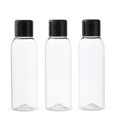 Three Clear Plastic Bottles With Black Caps on a White Background
