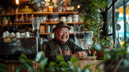 Contented cafe owner surveys the cozy ambiance of their establishment, small business, satisfaction