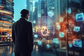 Businessman in front of a digital screen showing growth metrics, statistics