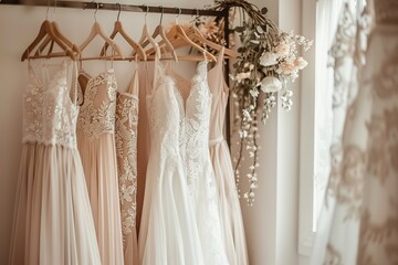 Hanger with colorful elegant puffy dresses for girls. holiday wardrobe. showroom of holiday clothing for children.