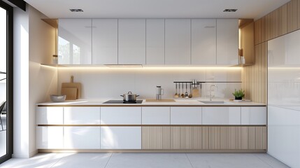 Minimalist kitchen with clean white surfaces and light wooden accents