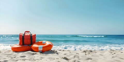 Obraz premium Essential Equipment for Beach Lifeguards Lifebuoys, Rescue Tubes, and First Aid Kits. Concept Beach Lifeguard Equipment, Lifebuoys, Rescue Tubes, First Aid Kits, Water Safety Gear