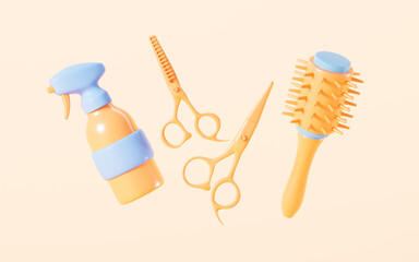 Cartoon hair scissors, comb and hair spray in the yellow background, 3d rendering.