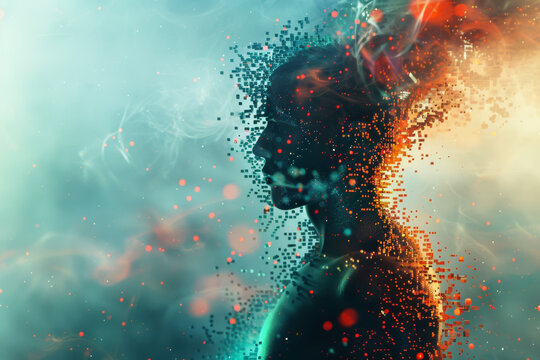 A profile of a digital human figure dissolves into particles, set against a smoky background, creating an ethereal and futuristic atmosphere.