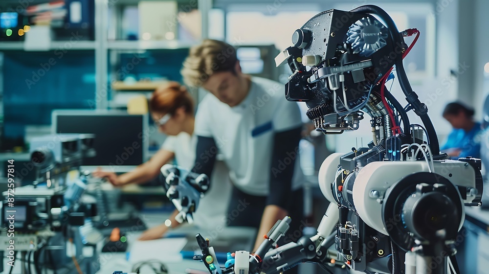 Poster team of engineers working on a robotics project in a lab, innovation, technology, teamwork
