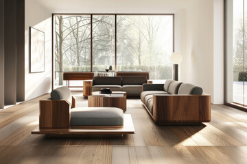 Obraz premium The spacious, modern living room features wooden furniture, large windows, and a serene ambiance, offering a luxurious and comfortable environment.