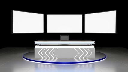 wood table and lcd background in the news studio room.3d rendering.