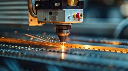 A laser cutter is in use, creating a design on a metal surface