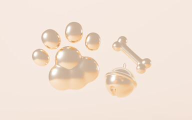 Cartoon pet paw and pet collar, pet sign, 3d rendering.