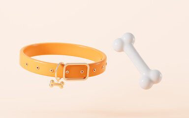 Cartoon pet collar and pet bone in the yellow background, 3d rendering.
