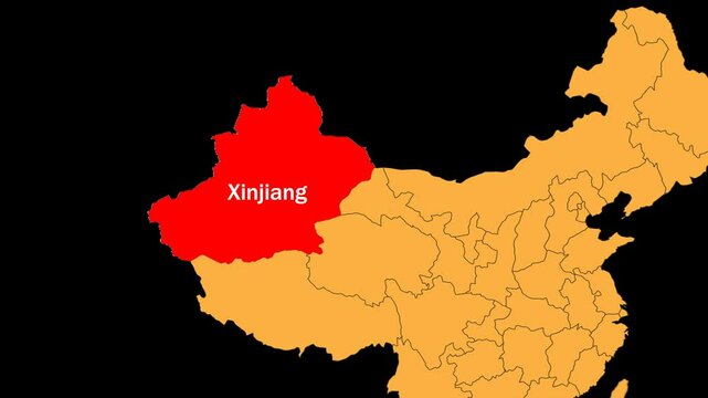 Xinjiang map animated video. Xinjiang location is highlighted on the China map colour with a transparent png background in video format.