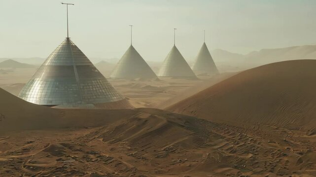 Conical metallic structures rise from sandy dunes, forming a mysterious outpost. Soft, hazy light bathes the scene, creating an otherworldly atmosphere. 