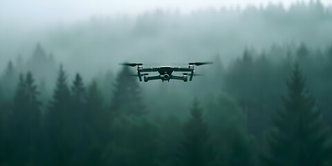 Rescue mission Drone equipped with thermal cameras searching forest for missing hikers. Concept Rescue Mission, Drone Technology, Thermal Imaging, Forest Search, Missing Hikers