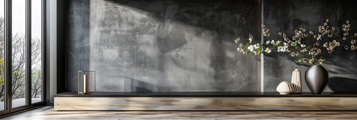 Interiors composition in dark colors and Japanese style with a window in a room with minimal furniture. Relaxing Real Estate interior design composition.