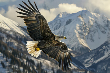 Fototapeta premium Bald eagle flying and gliding slowly and majestic on the sky over high mountains. Concept of wildlife and pure nature.