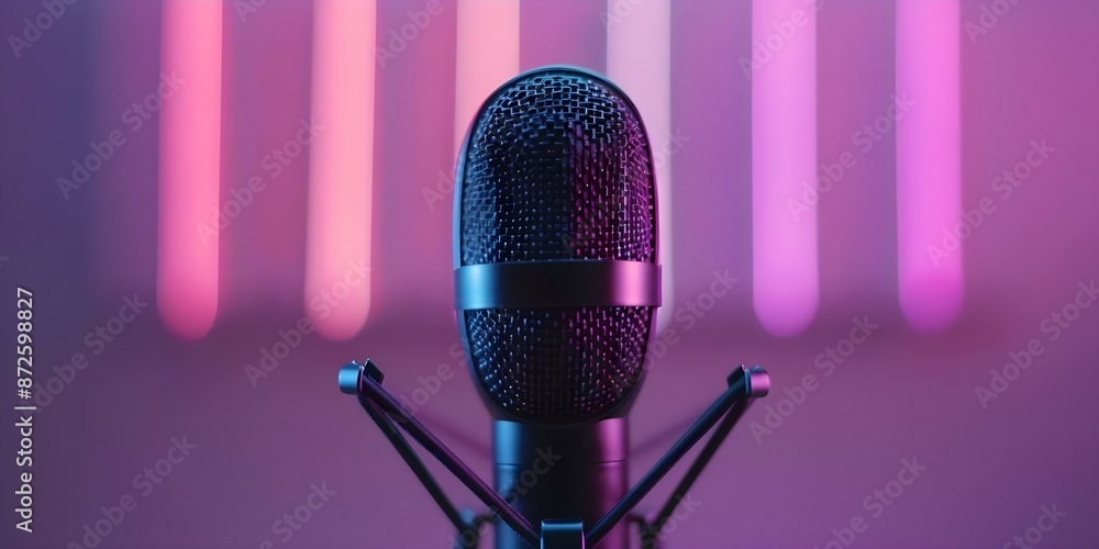 Poster neon-lit high-tech broadcasting microphone with dynamic waveforms for podcasting. concept podcasting