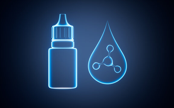 Ear drops, eye drops and molecular structure, 3d rendering.