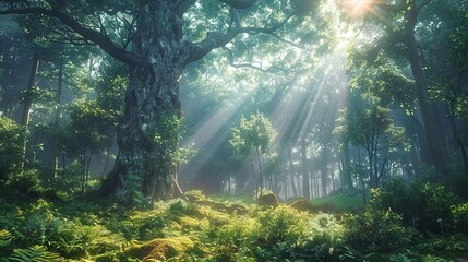 Fototapeta premium Gigantic ancient forest with colossal trees and dense underbrush, bathed in dappled sunlight, digital art style, highlighting the lush, untamed wilderness