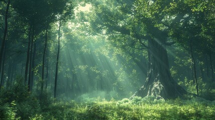 Fototapeta premium Gigantic ancient forest with colossal trees and dense underbrush, bathed in dappled sunlight, digital art style, highlighting the lush, untamed wilderness