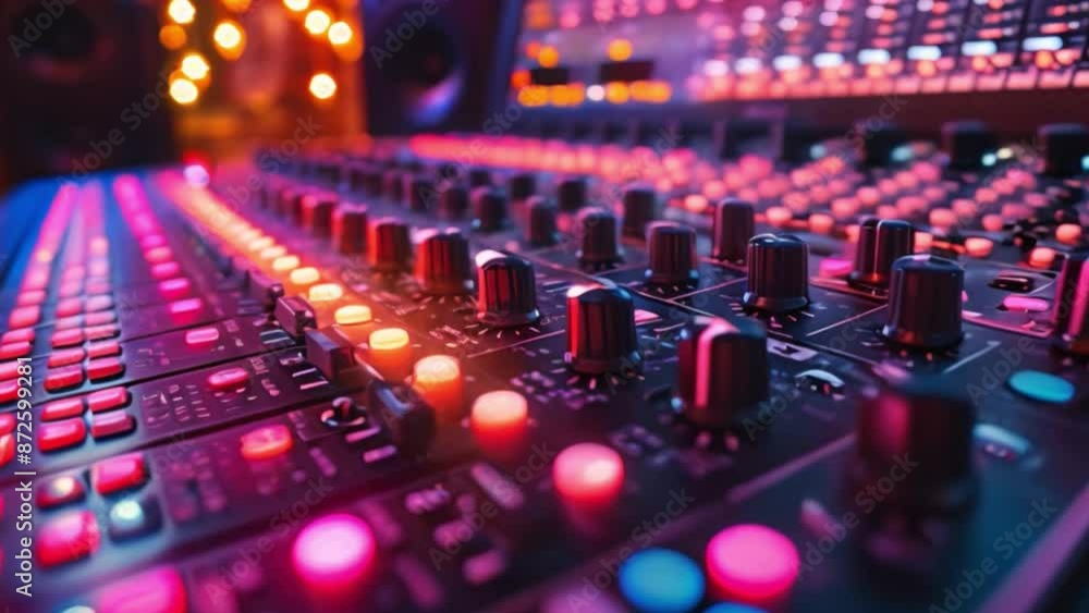 Poster This Close-up image of a soundboard in a recording studio. Podcast and streaming concept