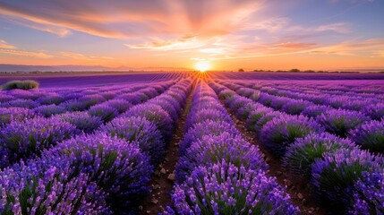 Obraz premium A field of lavender with a beautiful sunset in the background