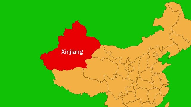 Xinjiang map animated video. Xinjiang location is highlighted on the China map colour with Green srcreen background in video format.