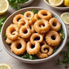 Freshly fried, golden-brown calamari rings coated in a savory salt and pepper seasoning, accented by a lemon wedge and aromatic herbs.