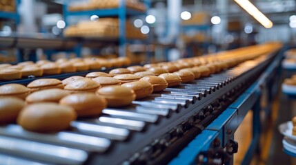 Naklejka premium Industrial scene of a high-speed conveyor belt in a factory, moving assorted baked goods, emphasizing the clean, efficient automation environment