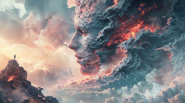 Immense titan figure emerging from an intricate, surreal topography, blending seamlessly with the digital art style