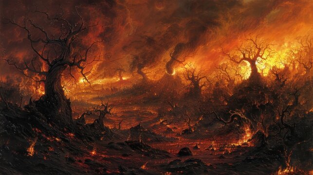 Inferno-ravaged landscape with hollowed trees, mythical beings weaving tales in the flames