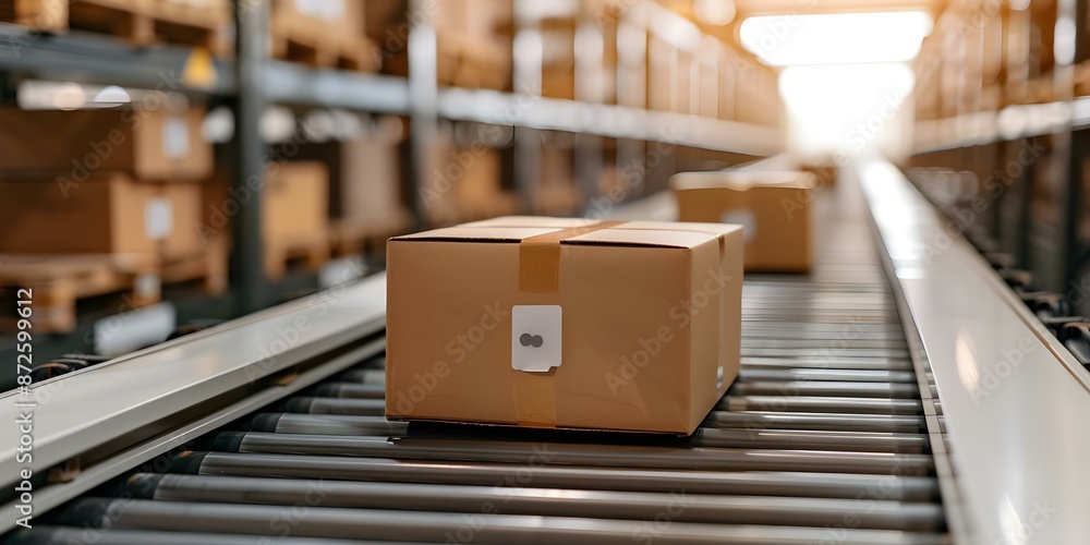Poster efficient logistics conveyor belts swiftly sorting parcels with mesmerizing precision. concept logis