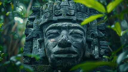 Fototapeta premium Majestic stone head of a deity, worshipped by tribal figures, set in a dense jungle, capturing a sense of ancient survival rituals
