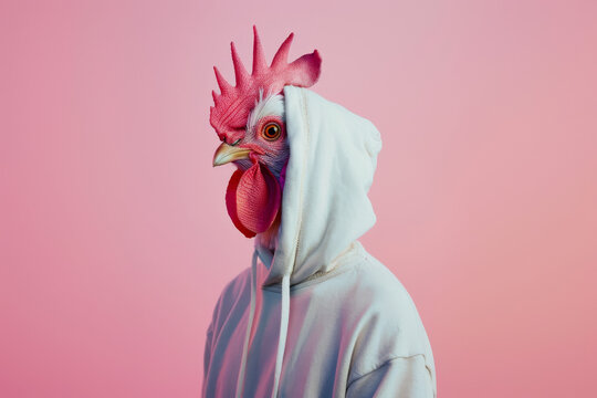 A person wearing a white hoodie with a realistic chicken head mask poses against a seamless pink background.