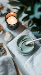 Application of facial beauty mask in spa environment, serene and clean setting for relaxation and skincare routine.
