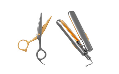 Haircutting scissors and hair straightener, hairdressing and beauty, 3d rendering.