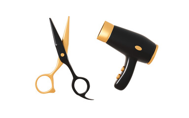 Hair dryer and scissors in the white background, 3d rendering.