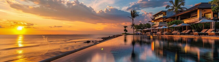 Obraz premium Sunset Reflection in Luxury Pool at Beach Resort