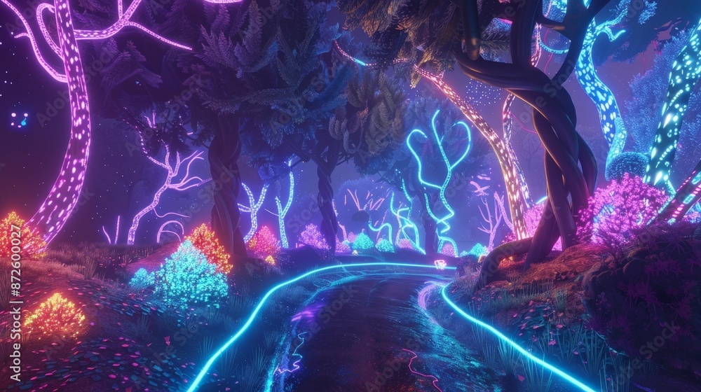 Poster design a psychedelic forest path with glowing, bioluminescent plants and trees that morph into abstr