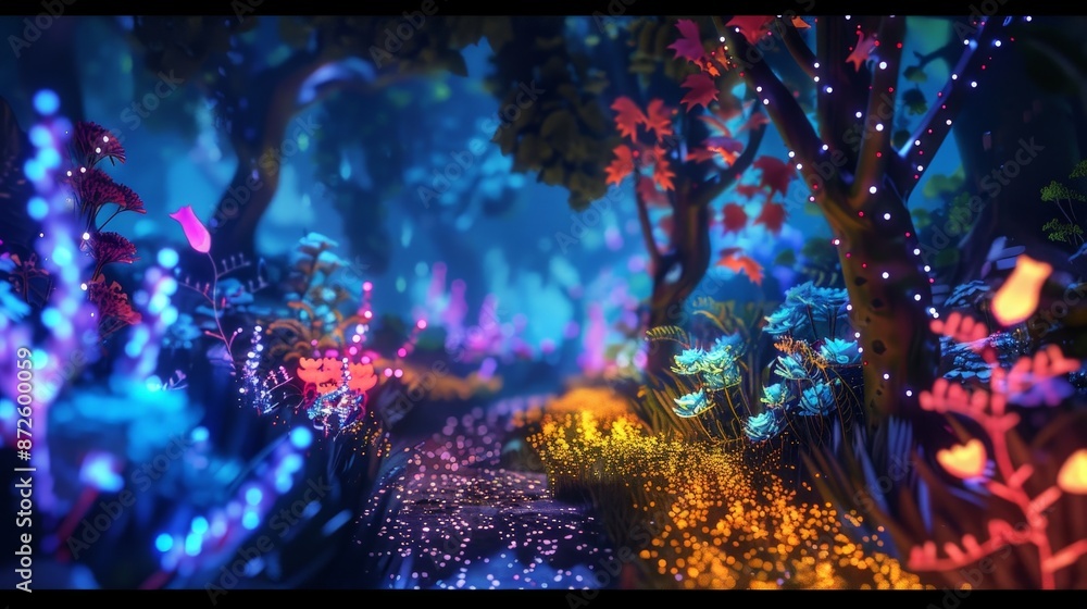 Poster design a psychedelic forest path with glowing, bioluminescent plants and trees that morph into abstr