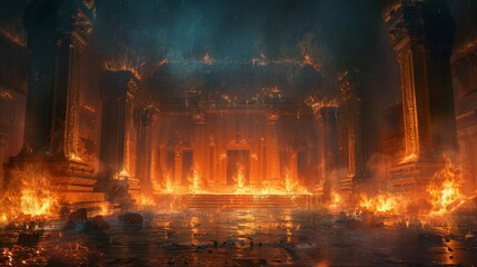 Fototapeta premium Night ceremony with blazing fire, ancient fables in a void, digital art depiction