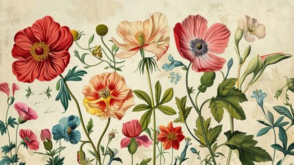 Vintage Floral Illustration with Red, Pink, and Yellow Flowers on Cream Background