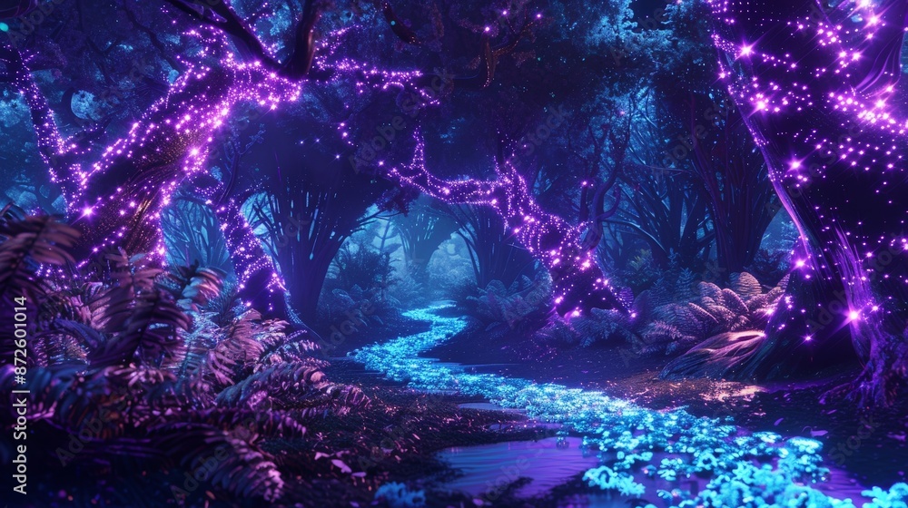 Poster design a psychedelic forest path with glowing, bioluminescent plants and trees that morph into abstr