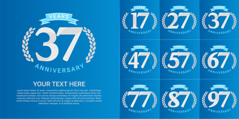 anniversary logotype set vector, white color and blue ribbon for special day celebration