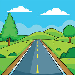 Straight, deserted road passing through a rural area with an urban backdrop. 