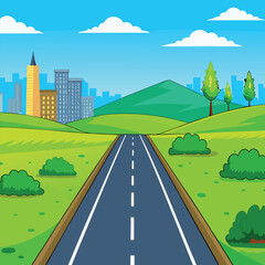 Straight, deserted road passing through a rural area with an urban backdrop. 