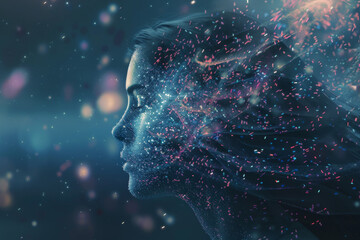 A woman's face dissolves into a cloud of colorful particles, blending into an abstract, ethereal background, evoking a sense of dream and transformation.