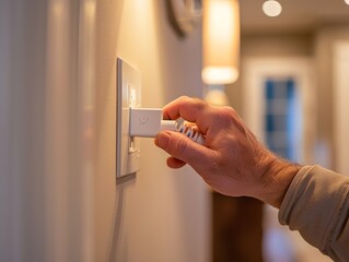 Plugging a power cord into the wall, close-up of hands and outlet, modern and sleek design, soft lighting, showcasing connectivity and energy access 